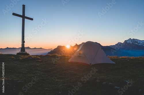 Sunrise in the mountains while camping