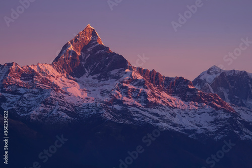 Machapuchare peak in Annapurna Himalayas, Nepal. Machapuchare might be one of the very few places left on our planet where no human has ever set foot.