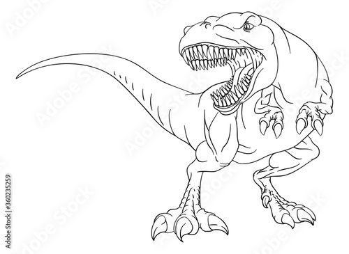 A dinosaur T Rex tyrannosaurus black and white outline cartoon like a kids coloring book page