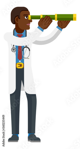 A medical doctor cartoon character mascot looking through a telescope or spyglass concept