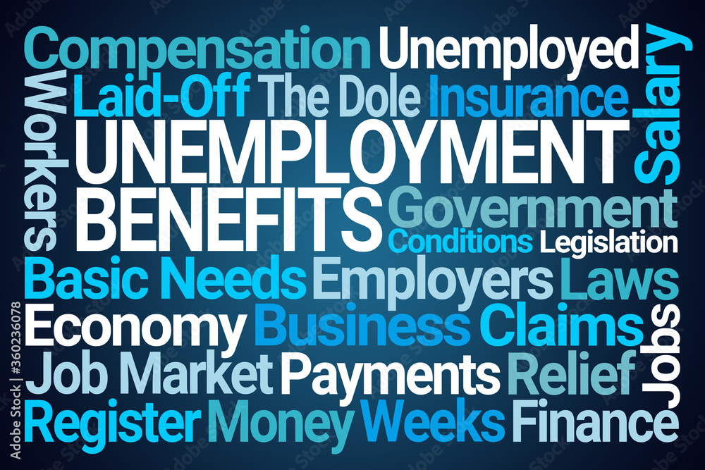 Unemployment Benefits Word Cloud on Blue Background Unemployment Benefits Word Cloud on Blue Background
