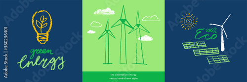 Ecology icons and eco friendly technology concept. Green energy emblem in hand drawn naive style. Vector childish illustration of wind turbines and solar power farms. Renewable energy. Global warming.