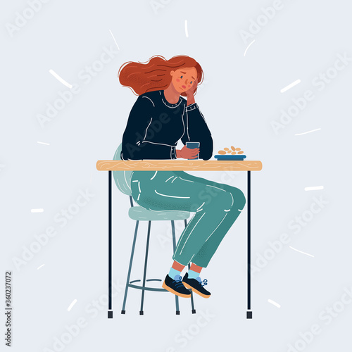 Vector illustration of sad woman. Depressed person sitting at the bar or cafe,
