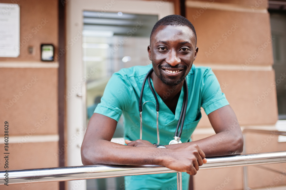 Fototapeta premium African male paramedic doctor with stethoscope.