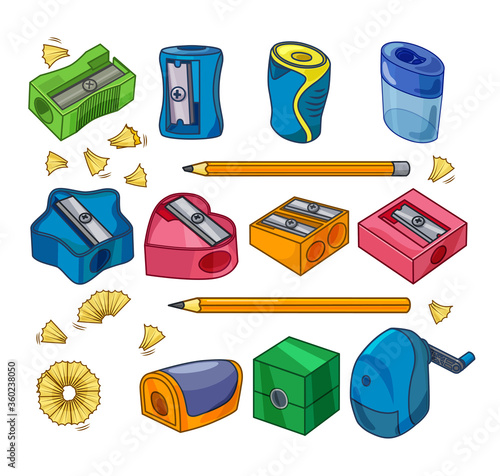 Vector set of sharpeners, pencils and shavings on a white isolated background.