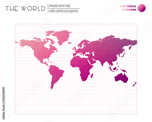 Abstract world map. Miller cylindrical projection of the world. Red Purple colored polygons. Trending vector illustration.