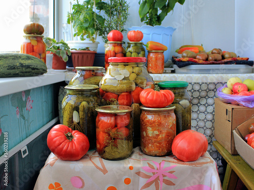 Vászonkép Home canning of vegetables. Canned vegetables in cans.