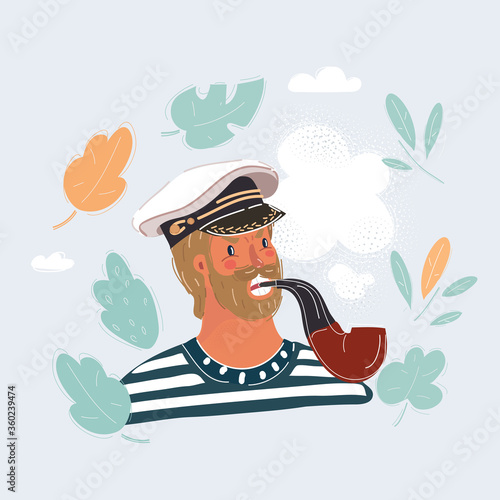 Vector illustration of capitan, sailor man with tobaco pipe in her teeth. Comic concept on white background.