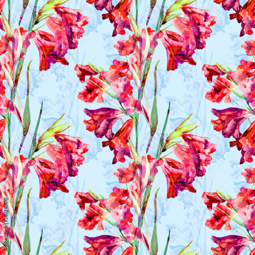 Fototapeta Naklejka Na Ścianę i Meble -  Watercolor drawing of wild meadow flowers, buds, inflorescences and leaves. Summer design. Design wallpaper, textiles, packaging, packaging paper, fabric. Seamless pattern.
