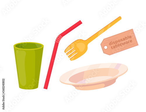 Set of plastic disposable tableware. Cup, plate, fork, straw. Vector cartoon flat illustration isolated on white.