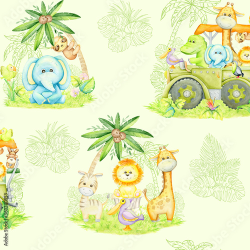 Tropical animals  plants  flowers  SUV.. Watercolor seamless pattern  on a light green background. Children s digital paper and textiles.