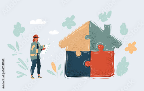 Vector illustration of Illustration of a woman just build jigsaw puzzle part which forming a house. Builder with bluepting standing near.