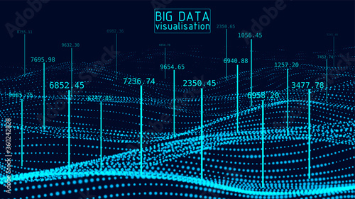 Dynamic particles wave. Blue dots on black background. Digital landscape. Big data visualization 3D. Futuristic backdrop for design, wallpaper. Vector illustration. D