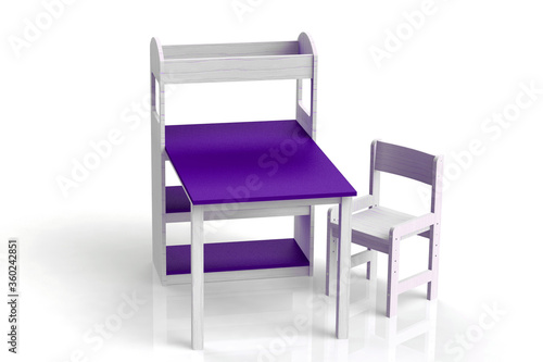 Furniture for children. Table with whatnot. Highchair. 3D render.