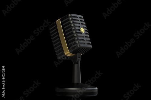Vintage microphone on a black background. 3D render