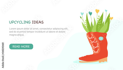 Green plants in pots from old shoes. Cute boots with flowers. Zero waste, upcycling ideas, reuse of utilized, vertical gardening concept. Colourful vector illustration with copy space