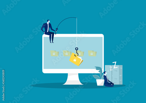 business man steal data ,hacker attack on file vector illustration. Attack hacker to data, phishing and hacking crime