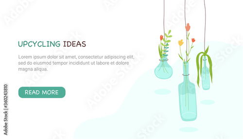 Green plants in pots from glass bottles. Cute bottles with flowers. Zero waste, upcycling ideas, reuse of utilized, vertical gardening concept. Colourful vector illustration on white background
