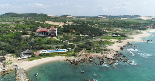 Aerial view of beautiful seashore near Ke Ga Lighthouse in Binh Thuan, Vietnam.