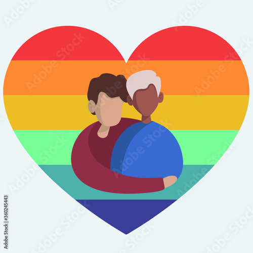 
Two men hug each other. Gay couple in a romantic relationship against a rainbow (LGBTQ) heart. vector flat illustration. 
LGBTQ flag