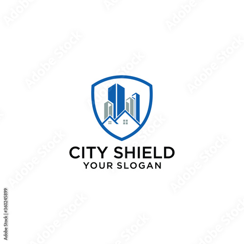 Shield with Building Idea logo template, Modern City with Shield logo designs concept, Real Estate logo Vector Illustration © toyek