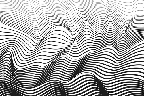 Black squiggle curves, white background. Abstract line art design. Vector techno optical illusion. BW striped pattern. Radio, sound waves concept. Monochrome texture with gradient. EPS10 illustration