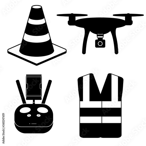 Drone pilot kit and safety equipment silhouette icons