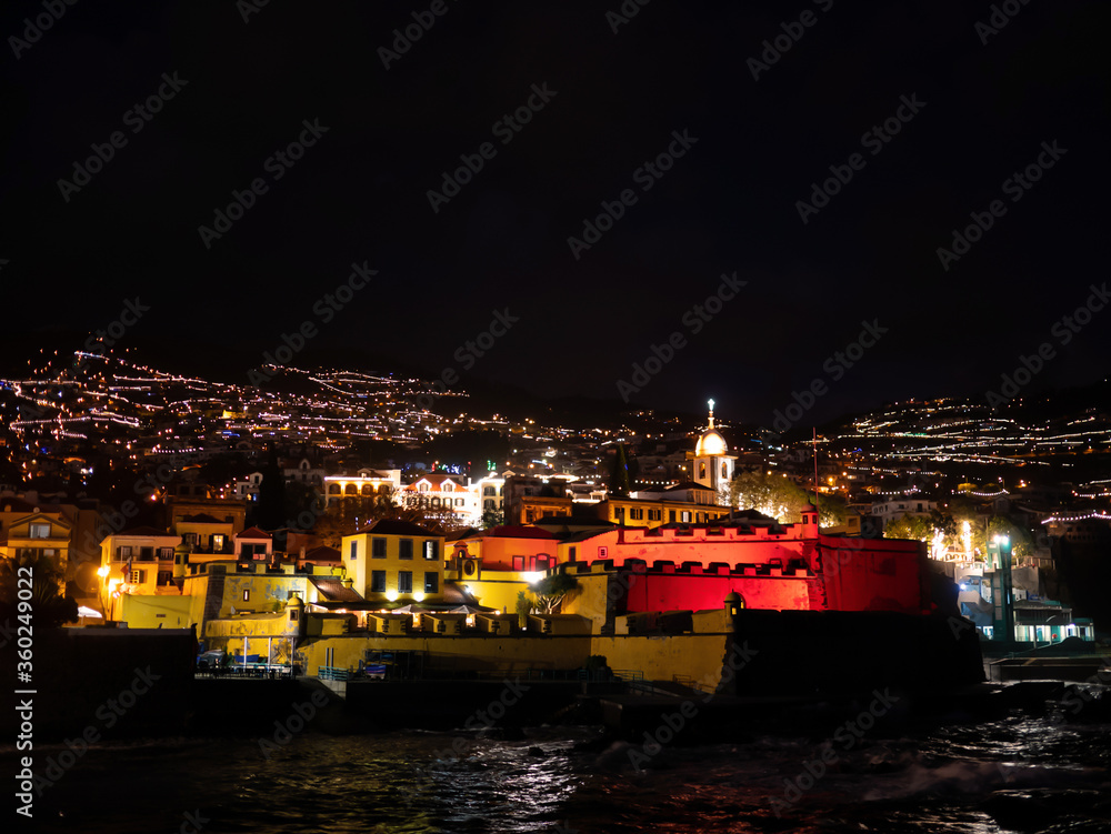 Night view to Forte de São Tiago. Funchal, Madeira Island. Port