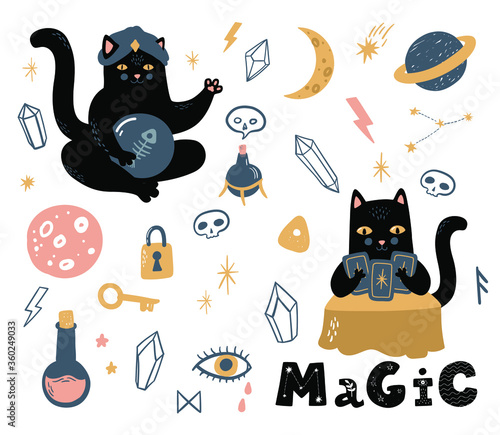 Funny vector magic set. Witchcraft and occultism symbols: black cat, skull, Ouija board,  moon, crystals, stars, tarot, test-tubes. Hand drawn illustration, flat and cartoon style.