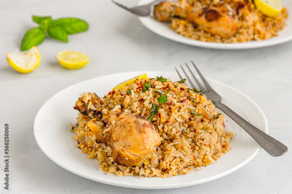 One Pot Chicken and Rice with Lemon and Herbs Low Angle Photo One Pot Chicken and Rice with Lemon and Herbs Low Angle Photo