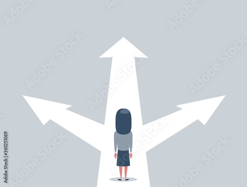 Business decision concept vector illustration. Businesswoman standing on the crossroads with three arrows and directions. vector illustration.