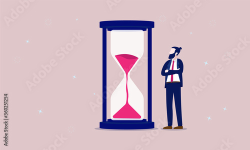Business time - Bearded businessman standing and looking at hourglass while time goes by. Patience, delay and tolerant concept. Vector illustration.