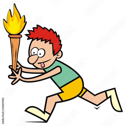 runner with olympic flame, humorous vector illustration, cartoon
