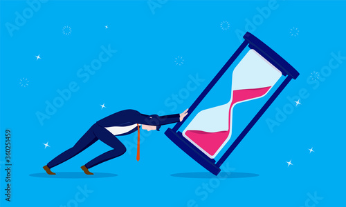 Stop time - Businessman pushing and overturning hourglass on blue background. Delay work assignment, deadline and project concept. Vector illustration.