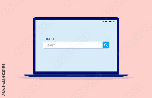 Laptop computer with search engine on screen. Online search, and seeking information on internet concept. Vector illustration.