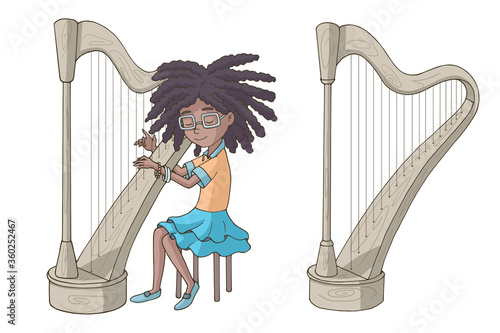 Cute cartoon Afro-American girl playing the harp. Young harper. Music lesson. Decor element for kids products (room, clothes, stationery). Set of vector illustrations.