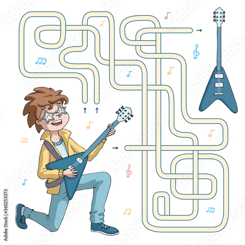 Labyrinth. Maze game for kids. Help cute cartoon guitarist find path to his electric guitar. Vector illustration. Blue and yellow colors.