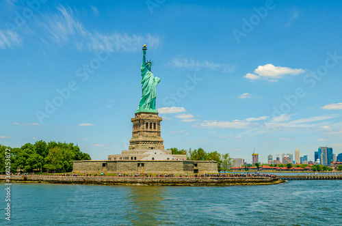 The Statue of Liberty designed by Alexandre Gustave Eiffel on Liberty Island in New York Bay, USA