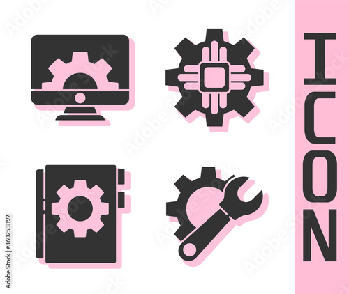 Set Wrench spanner and gear, Computer monitor and gear, User manual and Processor icon. Vector photo