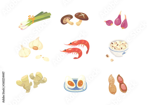 Set of asian ingredients. There are shallot, shiitake, garlic bulb, ginger, peanut, shrimp, egg and pearl barley.