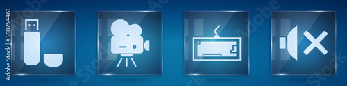 Set USB flash drive, Retro cinema camera, Keyboard and Speaker mute. Square glass panels. Vector