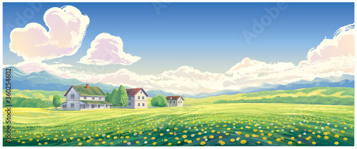 Summer rural landscape with houses and blooming glade in the foreground.