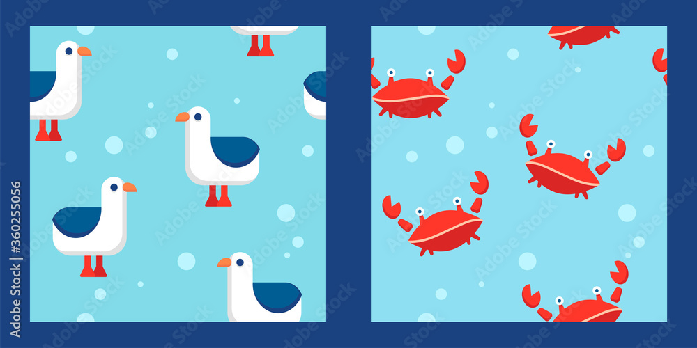 set of two seamless patterns with cartoon seagulls, crabs and bubbles on a light blue background. flat design. Marine theme. for packaging, paper, fabric. print for clothes