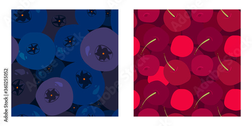 set of two seamless patterns with cartoon sweet cherry, blueberries, bilberry harvest and twigs