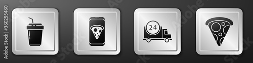 Set Coffee cup to go, Food ordering pizza, Fast delivery by car and Slice of pizza icon. Silver square button. Vector