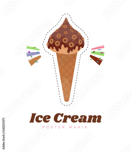 Ice cream sticker or badge. Cute ice cream cone cartoon vector illustration. Chocolate and vanilla ice cream dessert. Kids sweets