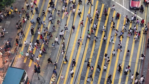 TL/ Asia, China, Hong Kong, Time lapse of people crossing the road using Pedestrian crossing in central shopping district during evening rush hour, aerial view