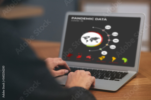 Woman with laptop checking pandemic data indoors, closeup. Coronavirus outbreak