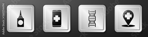 Set Bottle nasal spray, Emergency mobile phone call to hospital, DNA symbol and Map pointer with cross hospital icon. Silver square button. Vector
