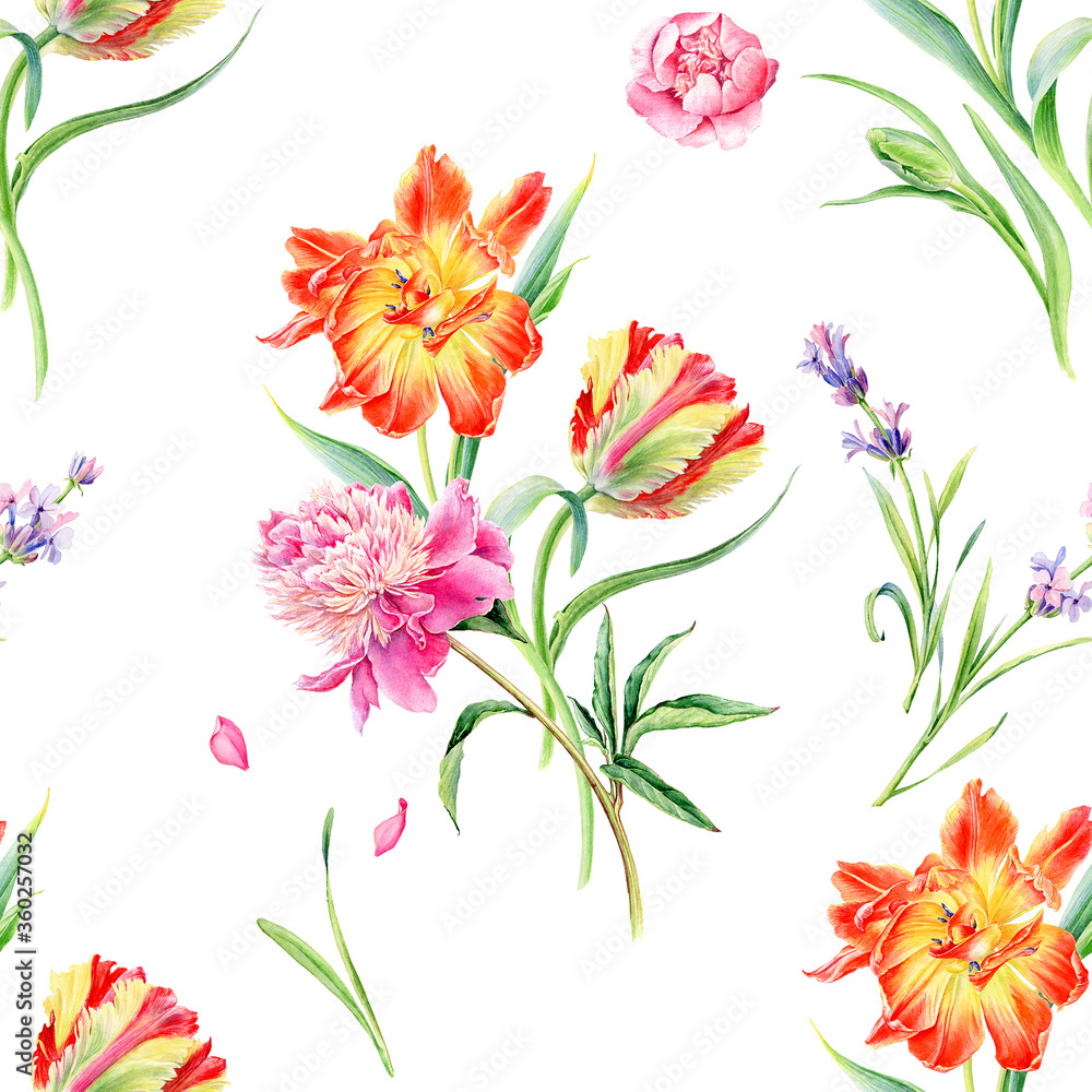Summertime seamless watercolor pattern with wild flowers tulips, poppies, lavender and peonies. Summertime seamless watercolor pattern with wild flowers tulips, poppies, lavender and peonies.